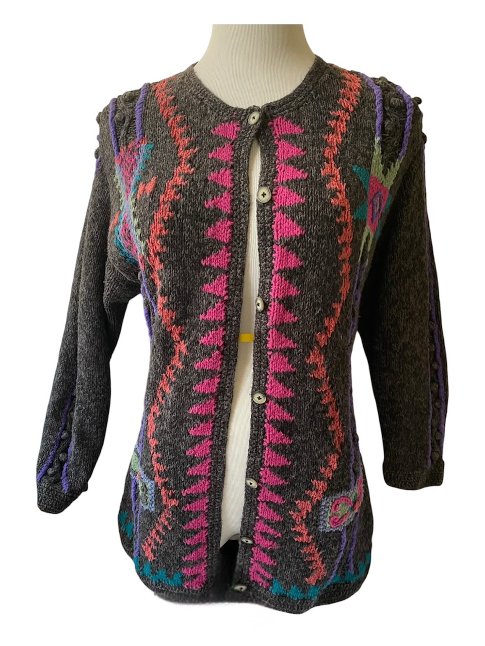 Womens Charcoal Gray Patterned Button-Front Sweater Cardigan Sigrid Olsen